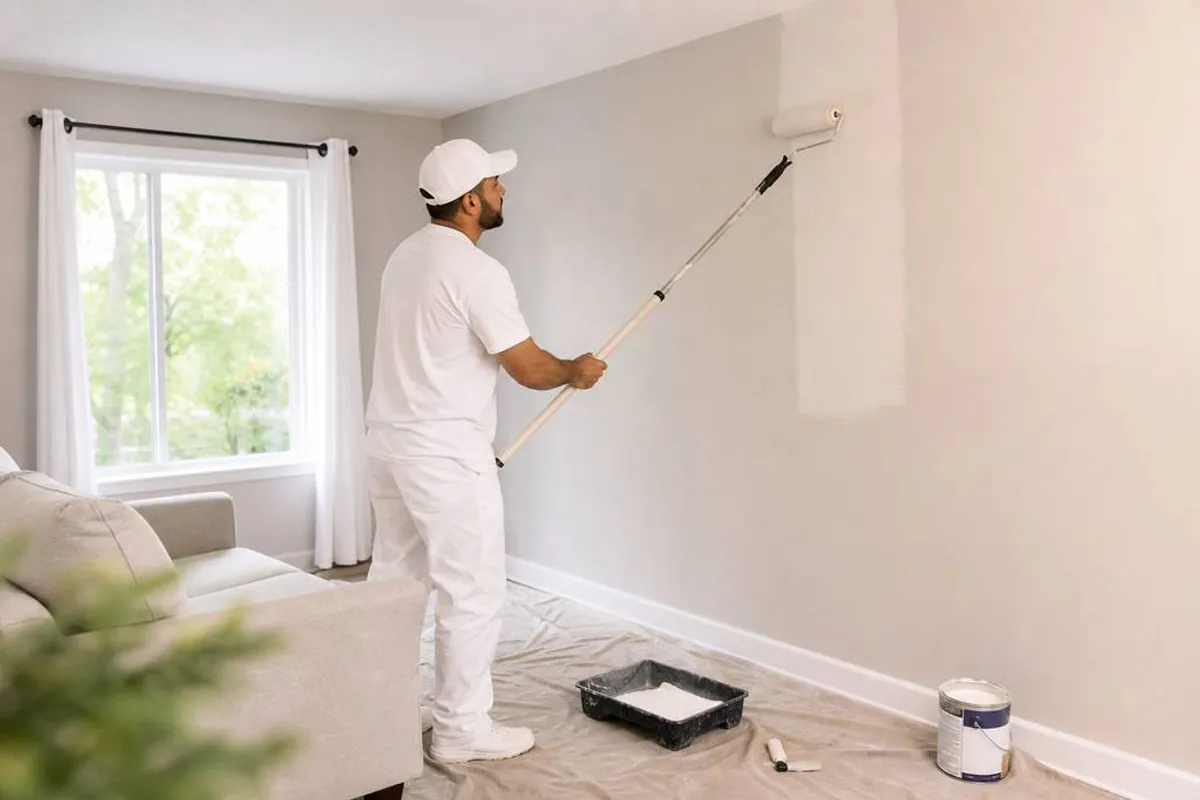 Pintor profissional pintando parede de sala residencial em Tapera da Base com rolo e extensor