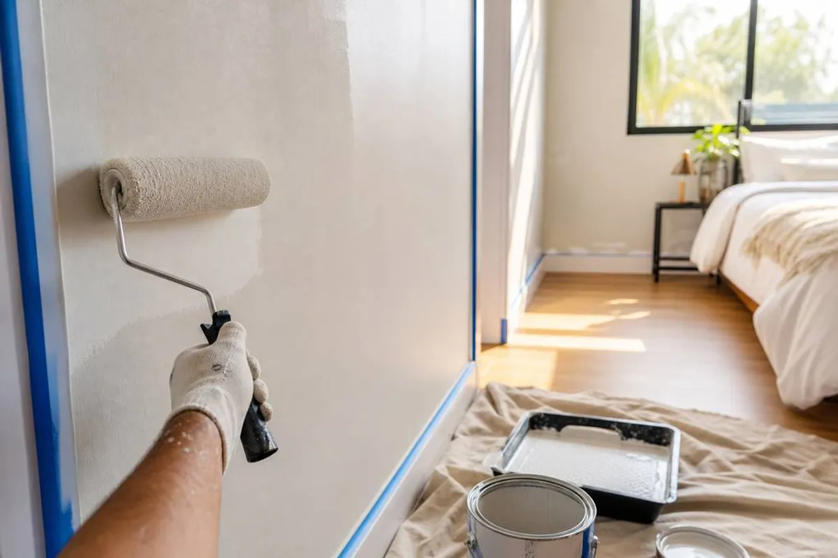 Pintura residencial em andamento, pintor aplicando tinta fresca em parede de quarto em Tapera da Base