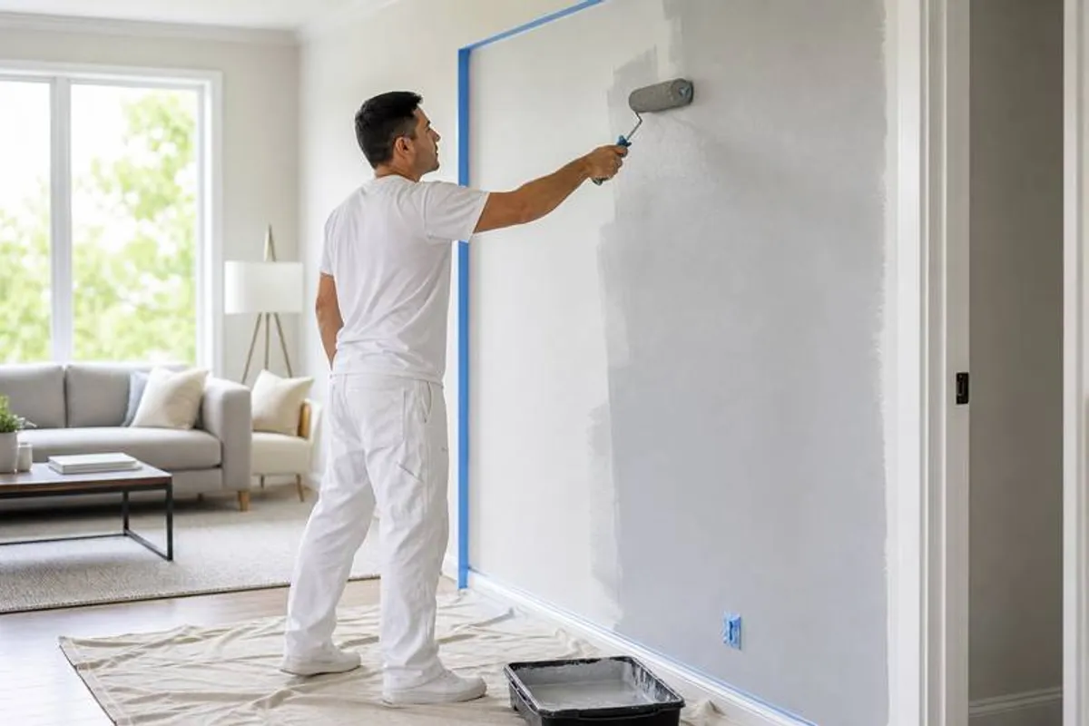 Pintor profissional aplicando tinta cinza clara em parede de apartamento em Tapera da Base