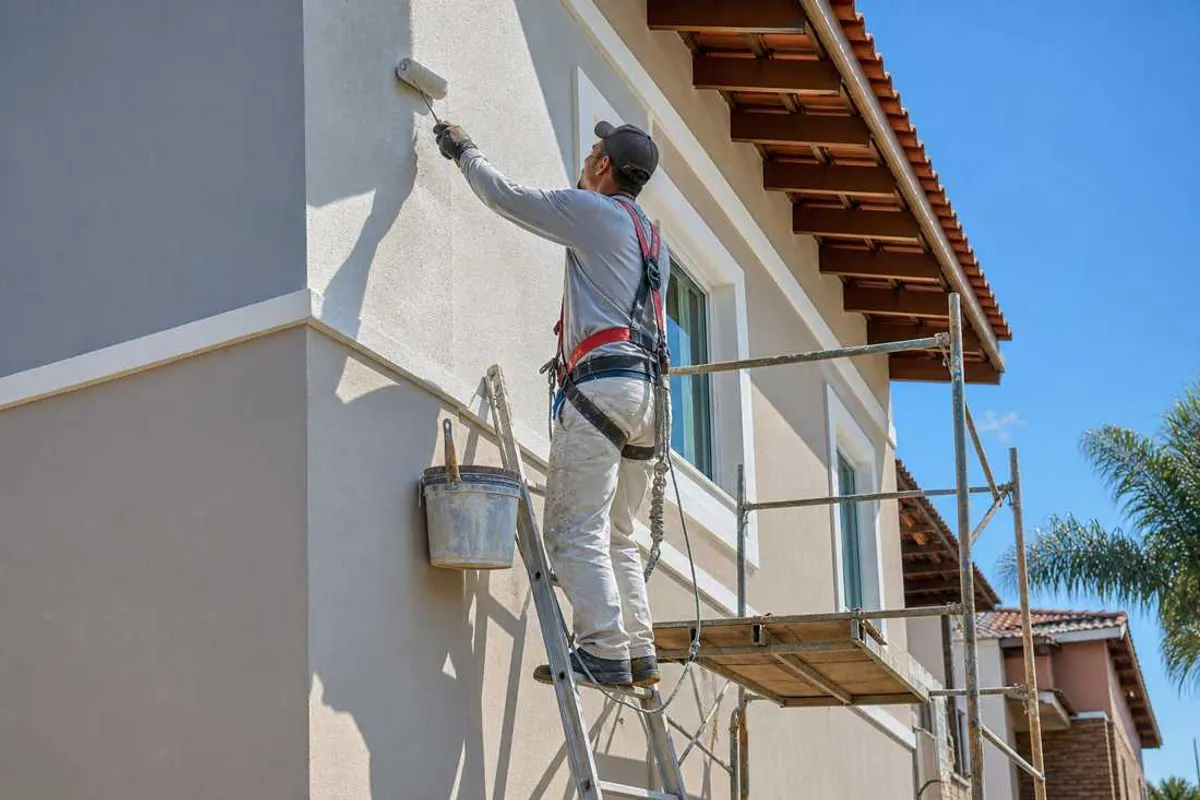 Pintor profissional pintando fachada externa de residência em Tapera da Base