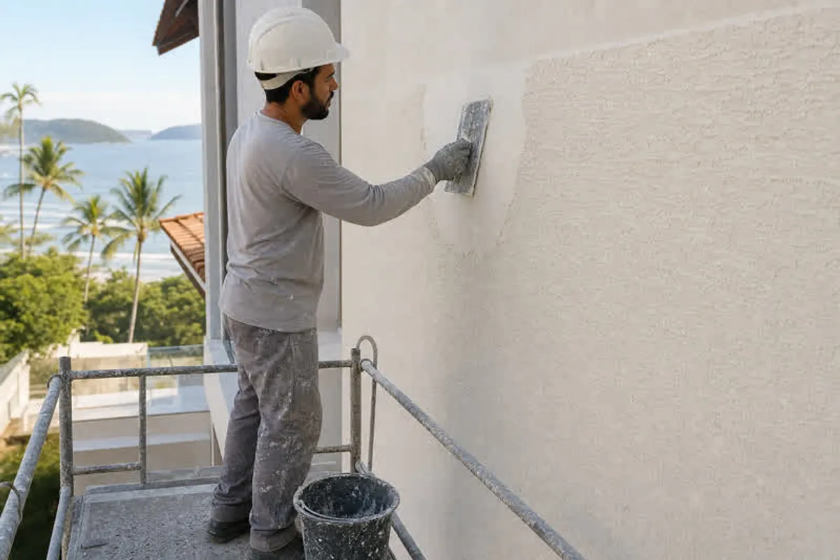 Pintor predial aplicando textura e grafiato em parede externa