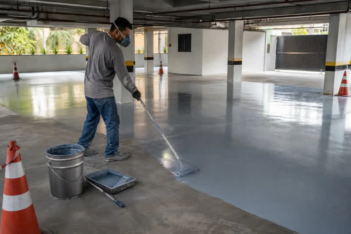 Pintor predial aplicando pintura epoxi em piso de garagem