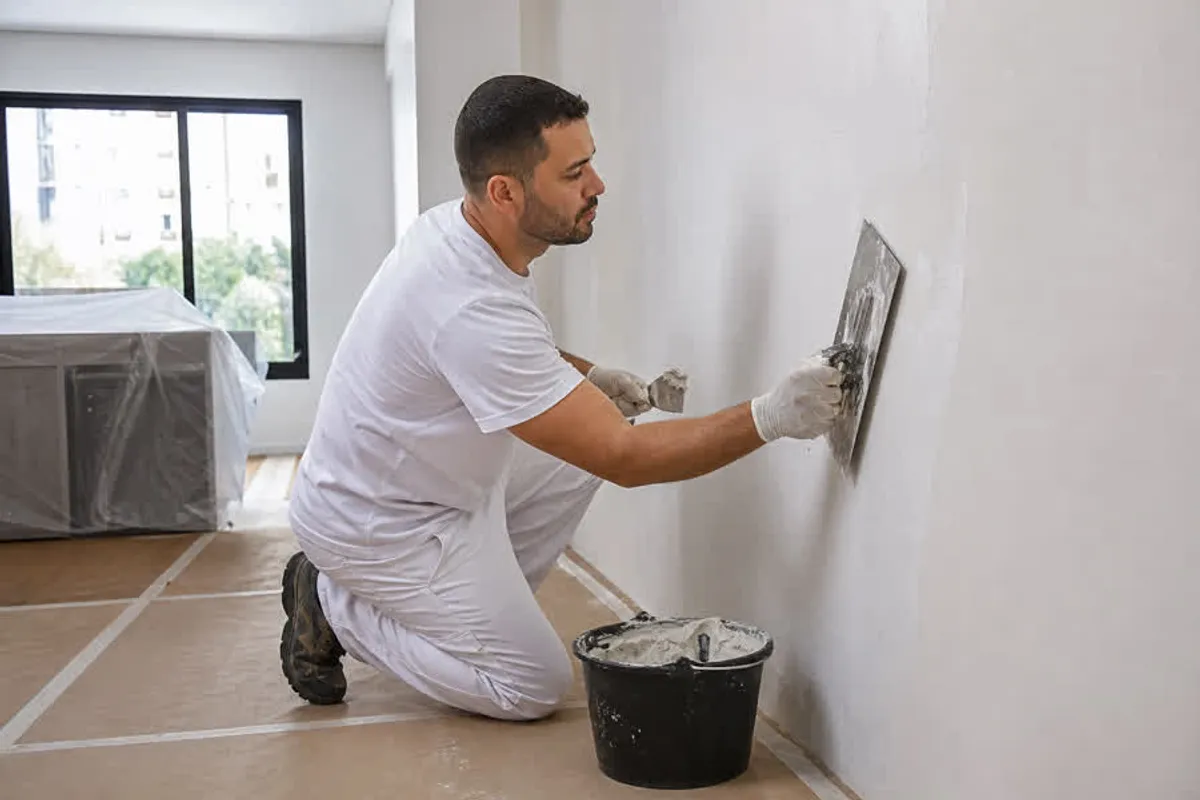 Pintor predial aplicando massa corrida e emassamento em parede interna protegida