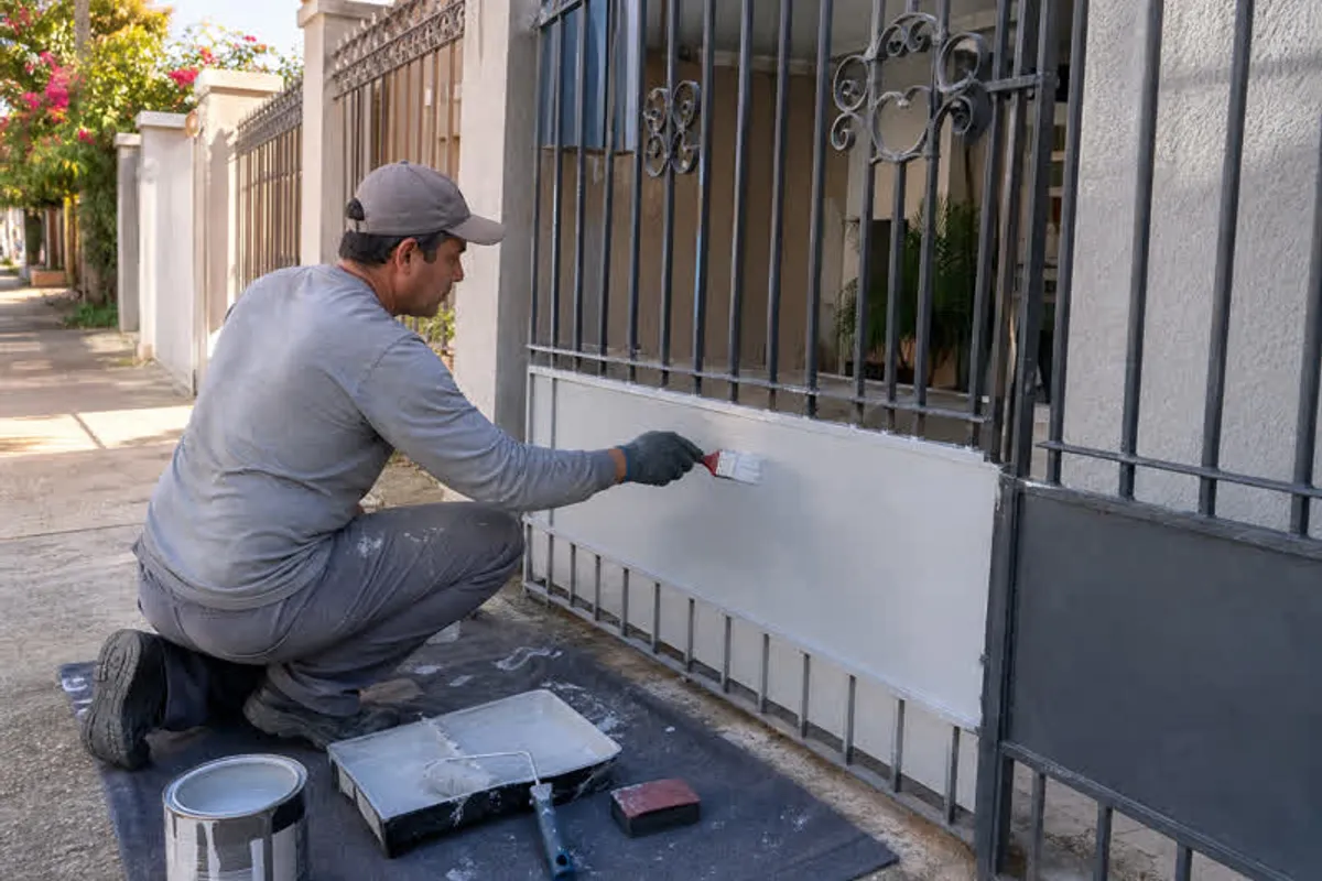 Pintor aplicando esmalte em portao metalico e grades externas