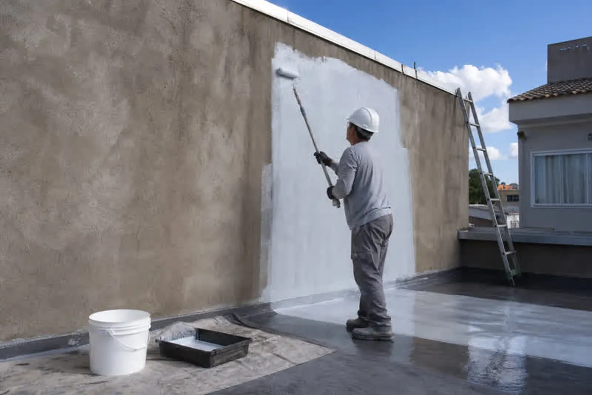 Pintor aplicando impermeabilizante em parede externa e laje