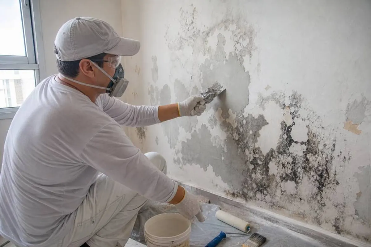 Pintor profissional removendo mofo e tratando umidade em parede interna