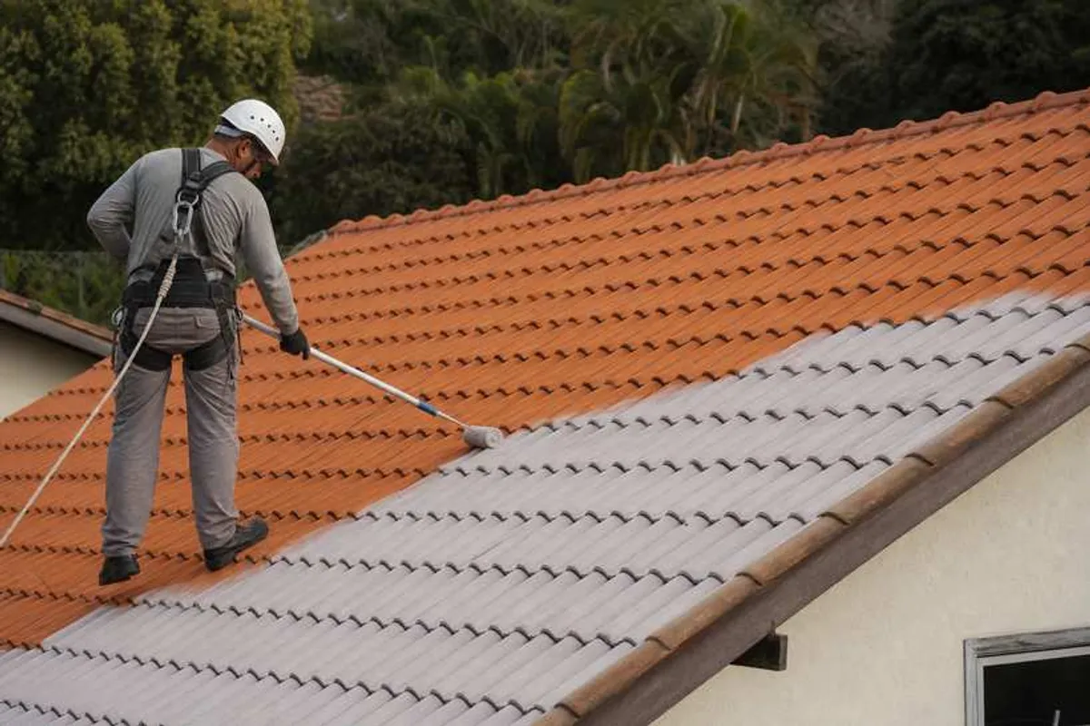 Pintor profissional aplicando tinta em telhado residencial com equipamento de seguranca