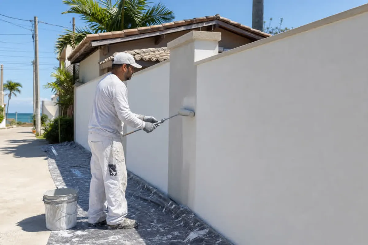 Pintor predial aplicando tinta em muro externo em Tapera da Base