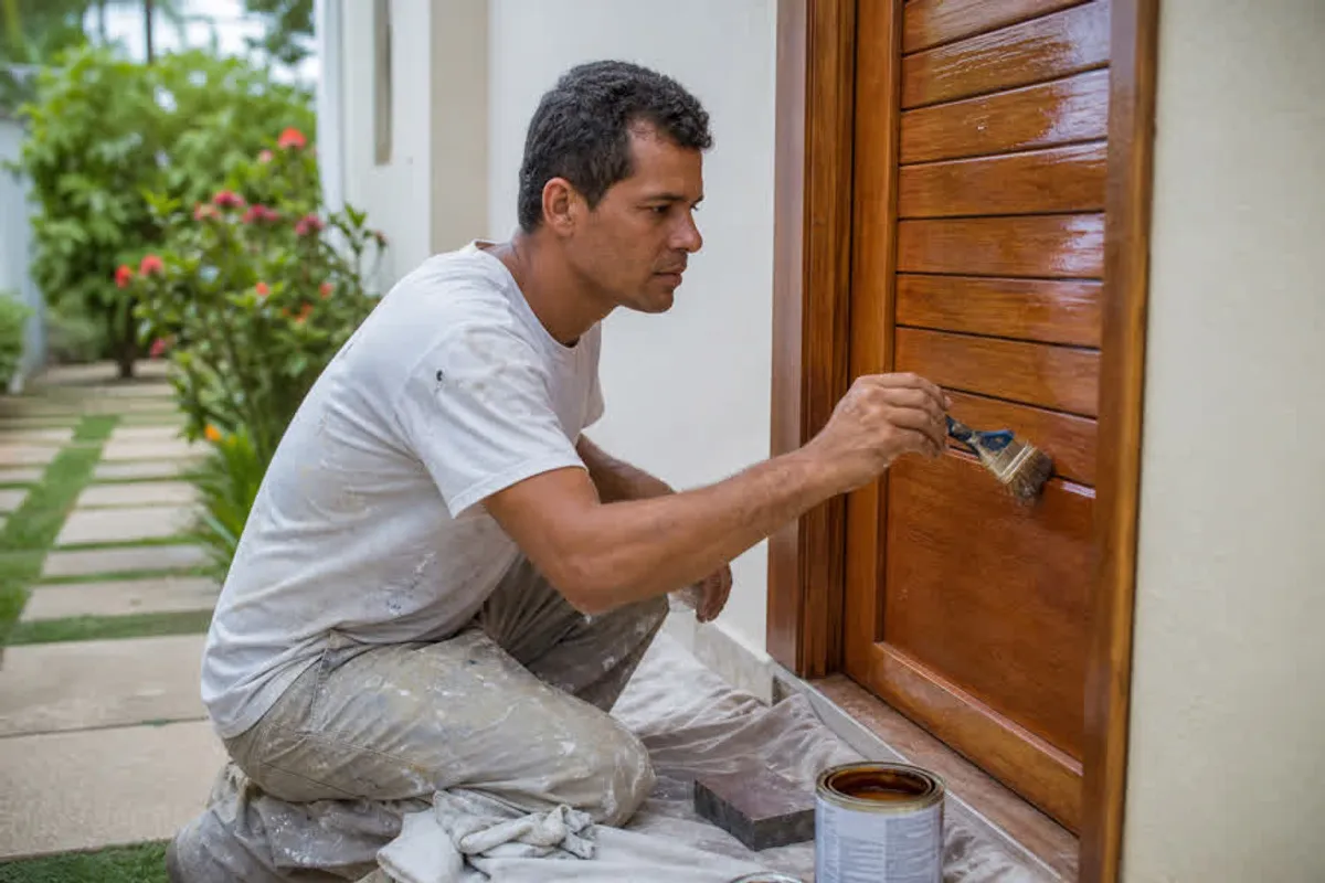 Pintor aplicando verniz em superfície de madeira em Tapera da Base