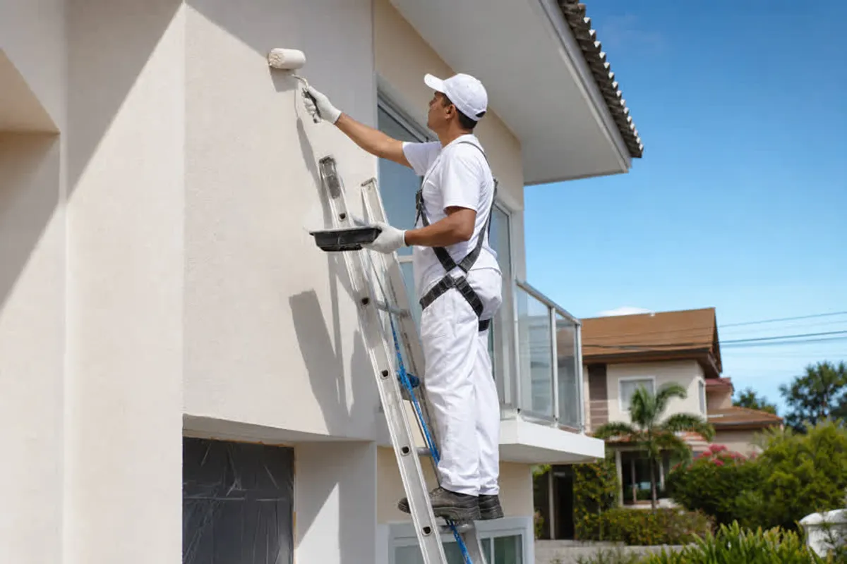Pintor profissional pintando a fachada de casa em Carianos