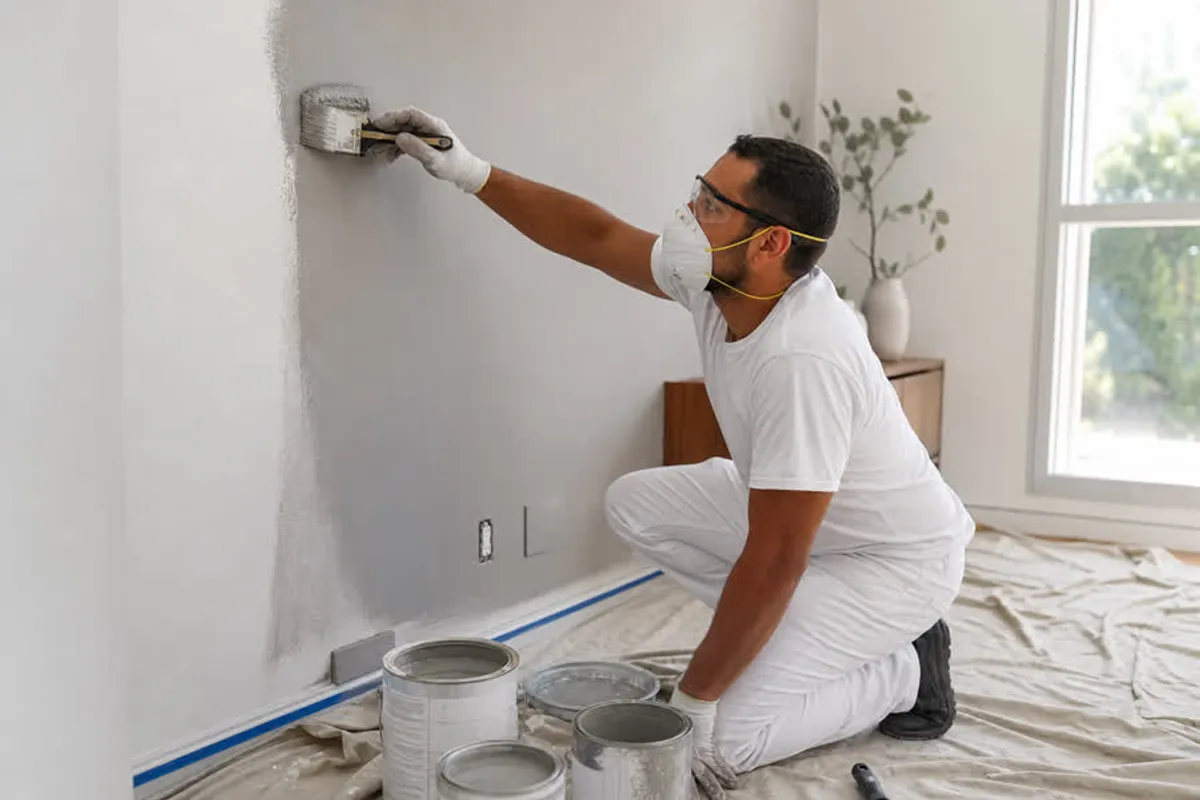 Pintor profissional pintando parede interna de residência em Ribeirão da Ilha