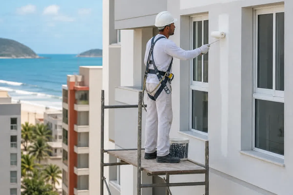 Pintor predial profissional pintando a fachada de um edifício residencial na Costeira do Pirajubaé