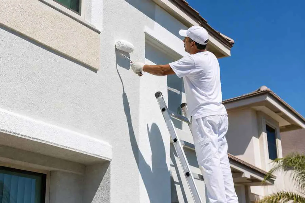Pintor predial pintando a fachada de um prédio residencial no Campeche