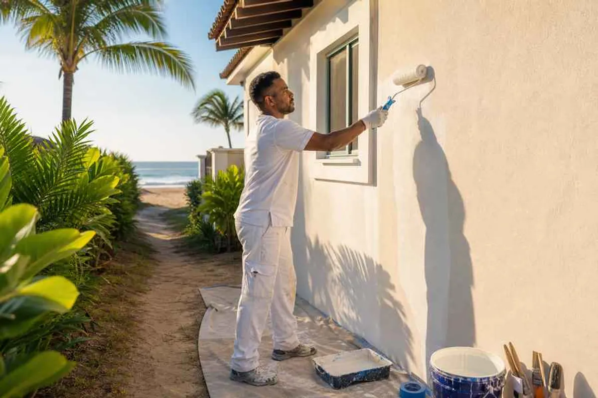 Pintor aplicando tinta na parede externa de uma casa no Morro das Pedras