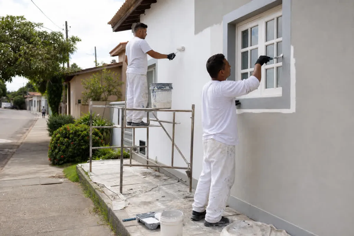 Pintores profissionais pintando a parede externa de uma casa no Alto Ribeirão