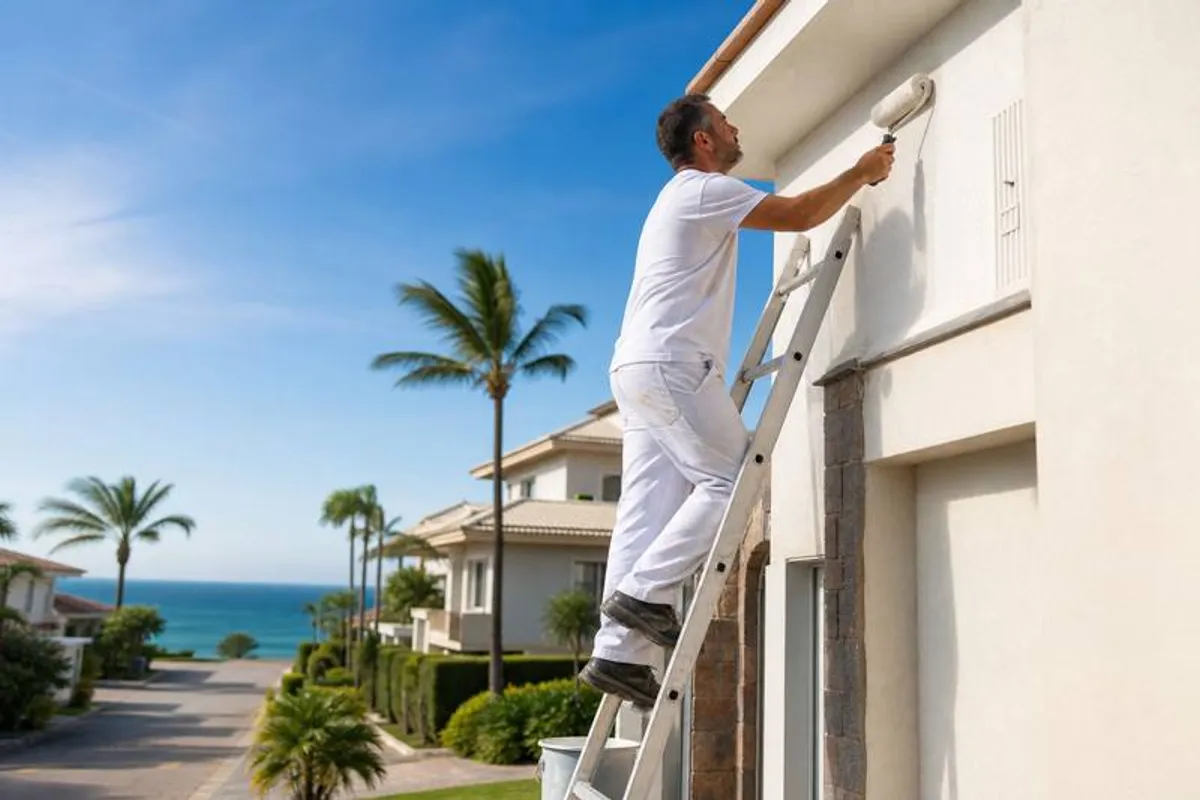 Pintor predial profissional pintando a fachada externa de um imóvel na Caieira da Barra do Sul