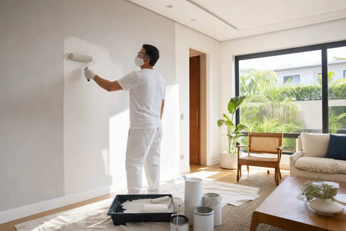 Pintor profissional aplicando tinta em parede interna de uma residência na Costa de Dentro