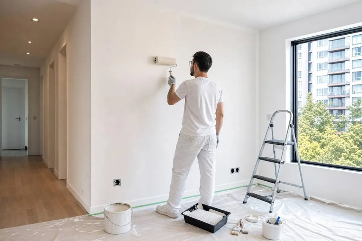 Pintor profissional aplicando tinta com rolo em parede de apartamento