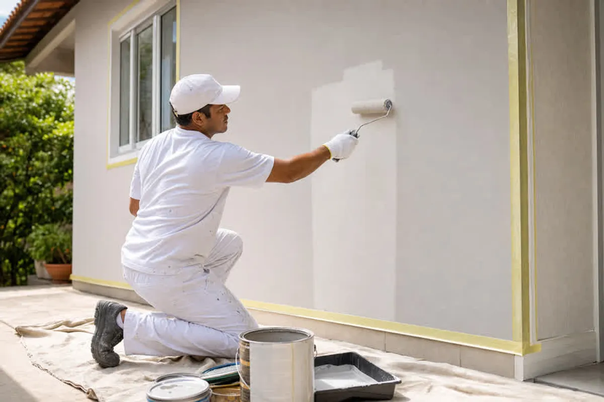 Pintor profissional aplicando tinta na parede externa de uma casa no Jardim Castanheiras